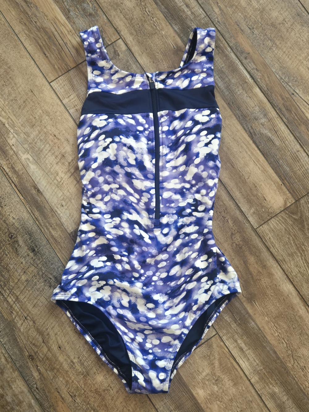 Lands' End Swimsuit Size M 10-12 Blue Abstract Zip Front Crossback 1PC